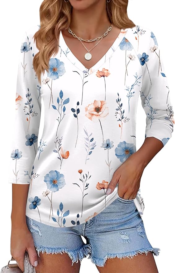 Zeagoo 3/4 Length Sleeve Womens Tops Casual V Neck Shirts Soft Basic Tees Business Work Blouses