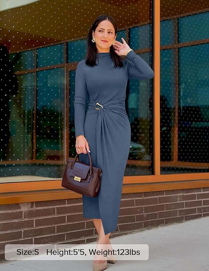 ZESICA Women's 2026 Spring Long Sleeve Bodycon Dress Mock Neck Wedding Guest Cocktail Party Long Midi Dresses