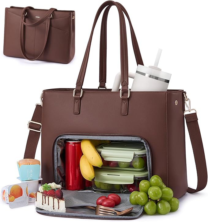 LOVEVOOK Lunch Tote Bag for Women, 3 in 1 Work Bag with Leakproof Cooler Compartment, Laptop Bag with Large Cup Holder for Office, College, Casual, Cinnamon