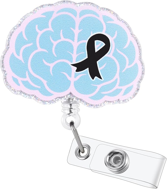 Brain Cancer Awareness Badge Reel, Cute Retractable ID Card Neurology Badge Holder, Gray Ribbon Badge Clip for Neuro Nurse, Neurologist, and Medical Worker, Nurse Gifts