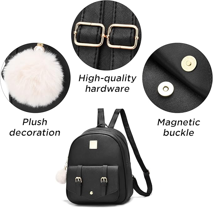 I IHAYNER Mini Backpack Purse for Teen Girls 3-PCS Fashion Backpack Cute Travel Daypacks Women Pompom Backpack Shoulder Bag