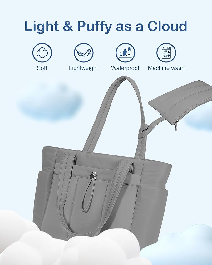 TOPDesign Puffy Tote Bag for Women with Cup Holder & Laptop Compartment & Cosmetic Bag & Trolley Sleeve for Work, Travel