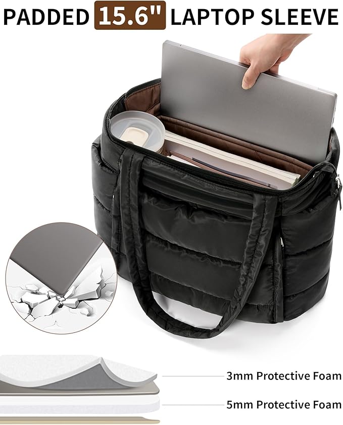 Puffer Tote Bag for Women, Lightweight Puffy Work Handbag Teacher Nurse Quilted Shoulder Bag for School Travel Gym | Quilted, with Zipper, Daily Carry On Bags, Comfy College Bags, 15.6" Laptop Sleeve, Cup Holder Pocket, Portable, Spacious