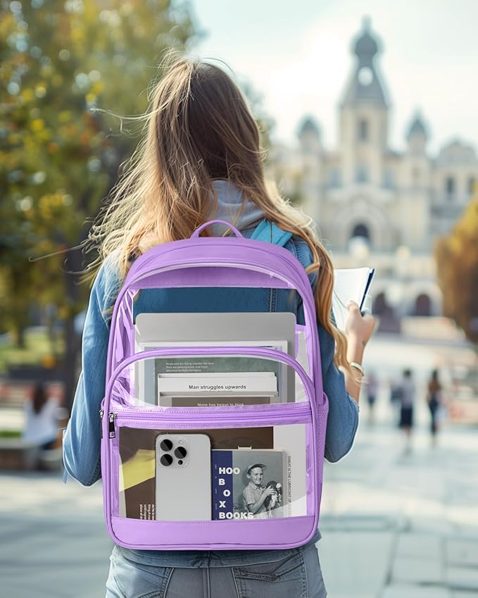 KIMNERPU Clear Backpack, Heavy Duty Transparent Bookbag for School, Fabric & PVC Transparent Backpack with Reinforced Strap for Women Men, Capacity Clear Bag for College, Travel, Purple