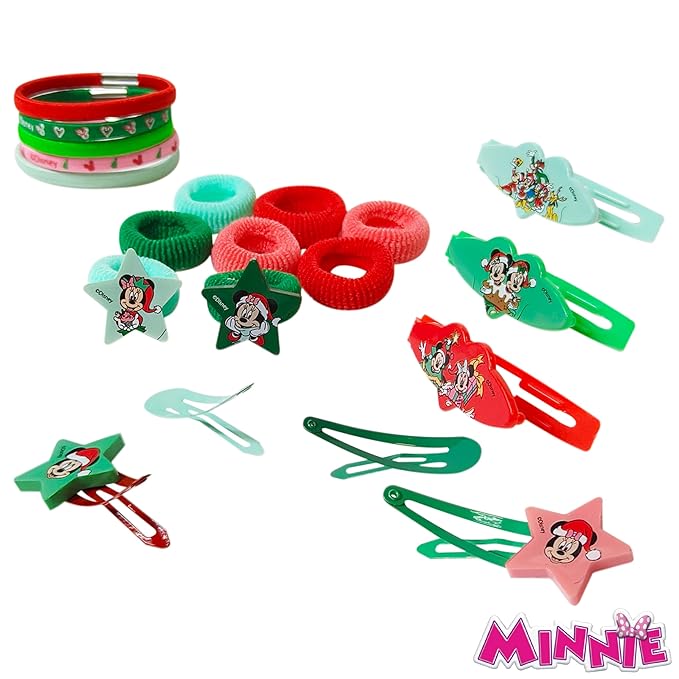 Luv Her Disney Girls' Hair Accessories Set - 20 Pack Featuring Mickey & Minnie Christmas themed - Includes 3 Barrettes, 4 Snap Clips, 5 Elastics, 8 Terry Ponies - Everyday Wear, Ages 3+