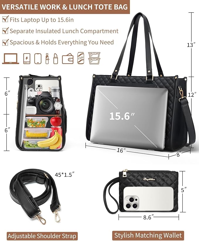 Lunch Tote Bag for Women, 15.6 Inch Laptop Work Bag with Insulated Lunch Box Compartment & Purse Large Capacity Quilted Computer Handbag for Office Business Work Nurse Teacher Travel Casual