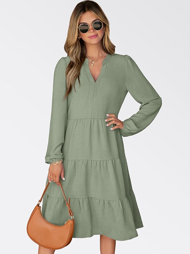 ANRABESS Womens Fall Midi Dresses Long Sleeve V Neck Swing Tiered Work Business Casual 2026 Flowy Beach Vacation Dress