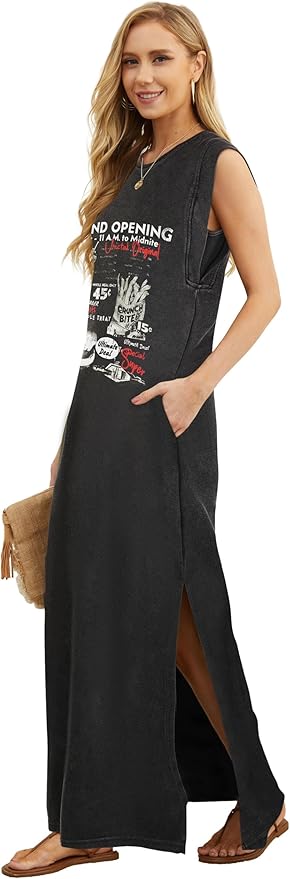 GRECERELLE 2026 Women Year-Round Casual Round Neck Loose Split Wrinkle-Free Long Maxi Vacation Dress with Pockets (XXS-4XL)