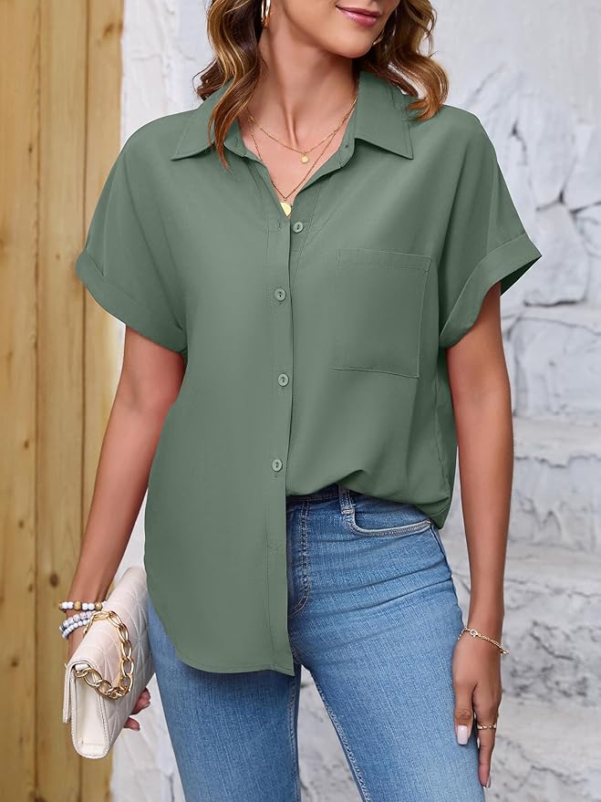 Womens Button Down Shirt Casual Short Sleeve Collared Work Blouse with Pocket