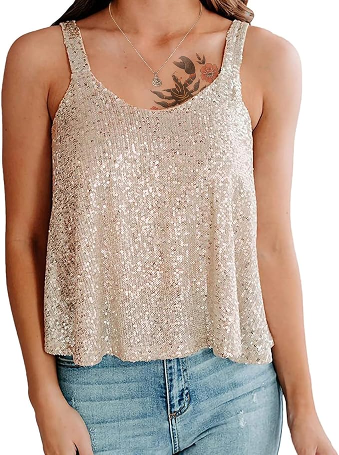 Sequin Top for Women Summer Scoop Neck Trendy Y2k Shining Shirts Casual Sleeveless Camisole Party Base Tank Tops