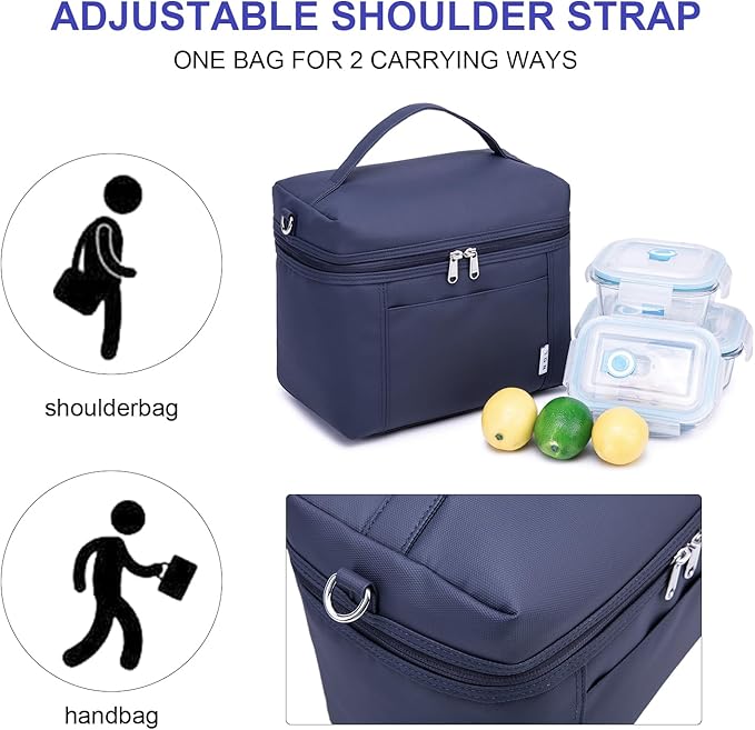 NOL Natural Organic Lifestyle Insulated Lunch Bags for Women Cooler Bag Lightweight Nylon Waterproof Lunch Box For Work (Navy blue, Medium(normal))