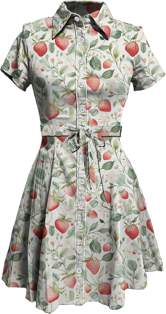MARSVOVO Cute T Shirt Dress for Women Short Sleeve Button Up Tie Waist Elegant Casual Collared Smocked Midi Dress