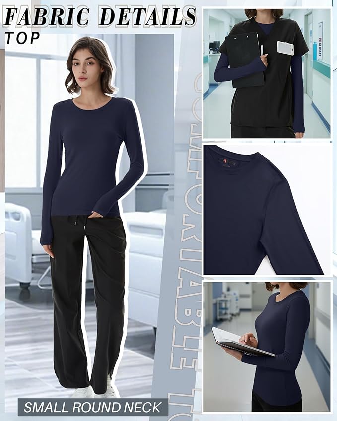 4 Pack Women's Underscrub Shirts Nurse Undershirts Long Sleeve Crewneck Slim Fit Tops Soft Stretchy Basic Tee