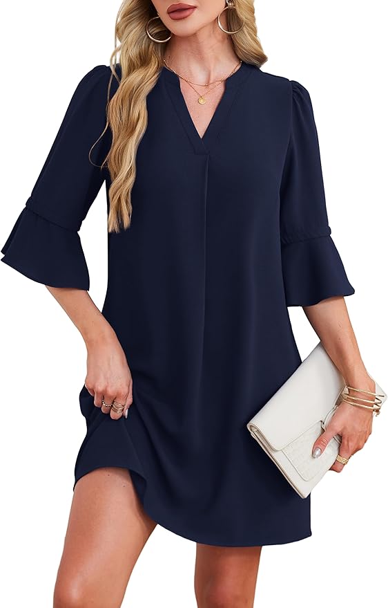 RUMIA Shift Dress for Women V Neck Ruffle Short Sleeve Loose Casual Summer Dress