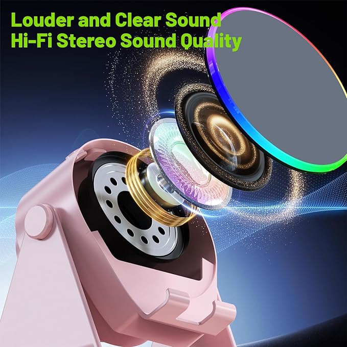 Wireless Induction Speaker, 4 in1 Phone Stand Bluetooth Speaker Amplifier with Colorful Ambient Light 360° Rotation Holder for Tablet iPhone Android,Portable Birthday Gifts for Adults Teens (Pink)