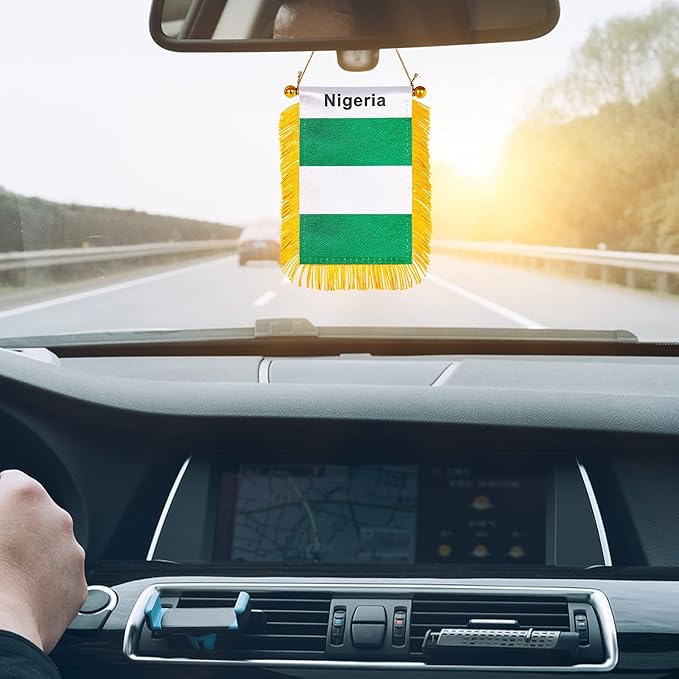 ZXvZYT 3 X 5 Inch Nigeria Window Hanging Flag Nigerian Small Mini Car Flags Banners Rearview Mirror Decoration - with Suction Cup & Golden Fringy Banner(2 Pack)