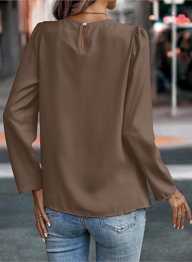 Samefar Womens Tops Dressy Casual Pleated Crew Neck Long Sleeve Shirts Office Work Chiffon Blouses