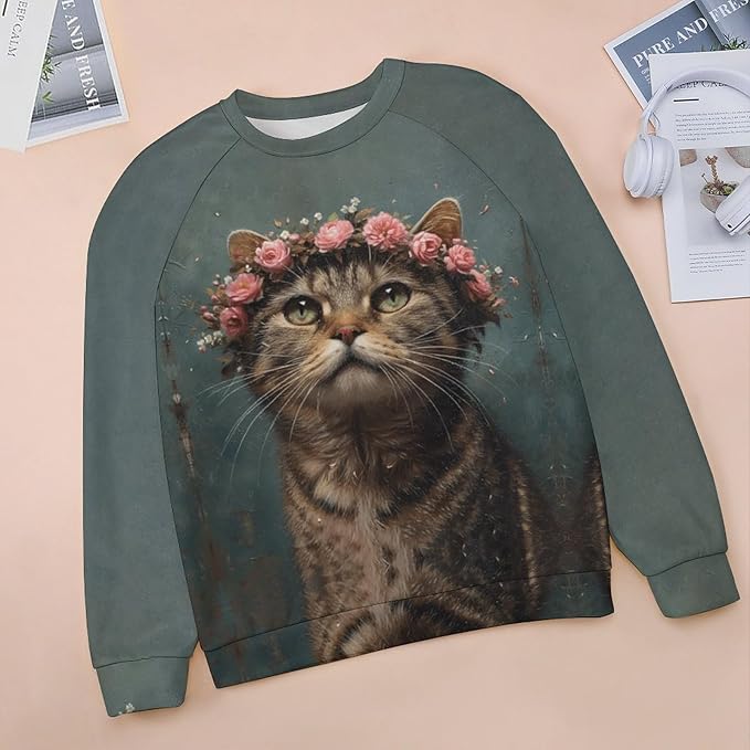Spatofa Womens novelty funny cat printed crewneck sweatshirt casual loose long sleeve graphic pullover sweatshirts tops