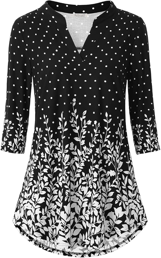 BAISHENGGT 3/4 Sleeve Tops for Women Notch V Neck Floral Work Blouses Dressy Casual Loose Fit Going Out Tunic Tops