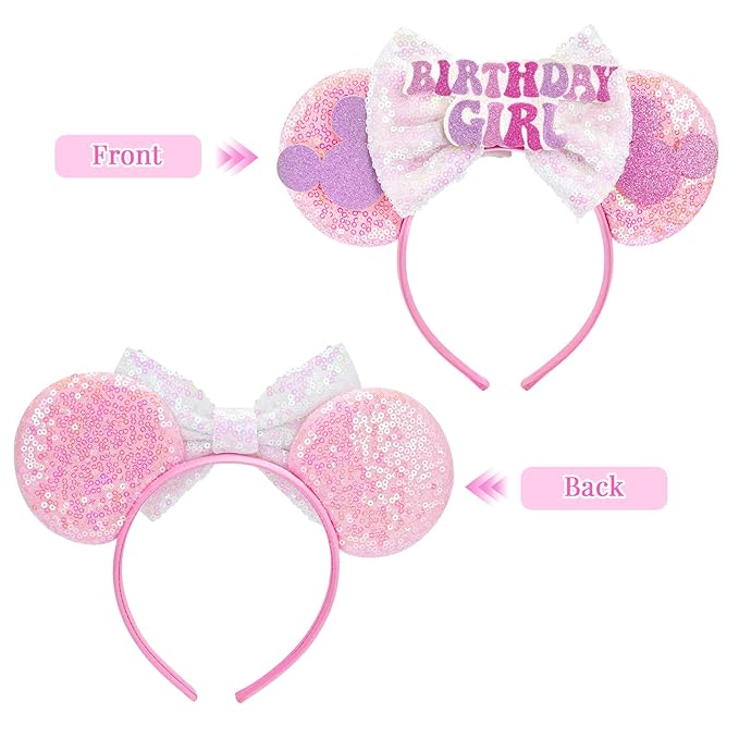 HAMUTH Mouse Ear Headband, Birthday Girl Headband for Women Girl Adult, Happy Birthday Ears for Party Trip Parks Cosplay Costume Accessories