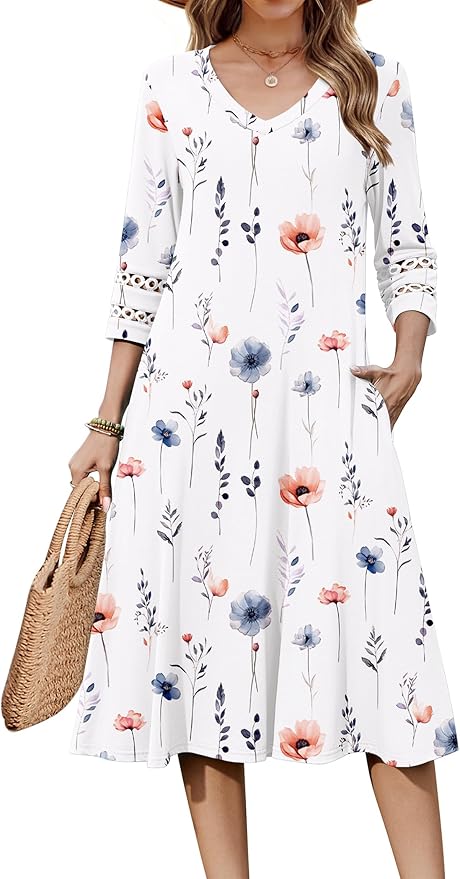 Zeagoo Women's Dresses 3/4 Sleeve Summer Casual V-Neck A Line Flowy Eyelet Midi Dress for Women Beach Vacation Sundress