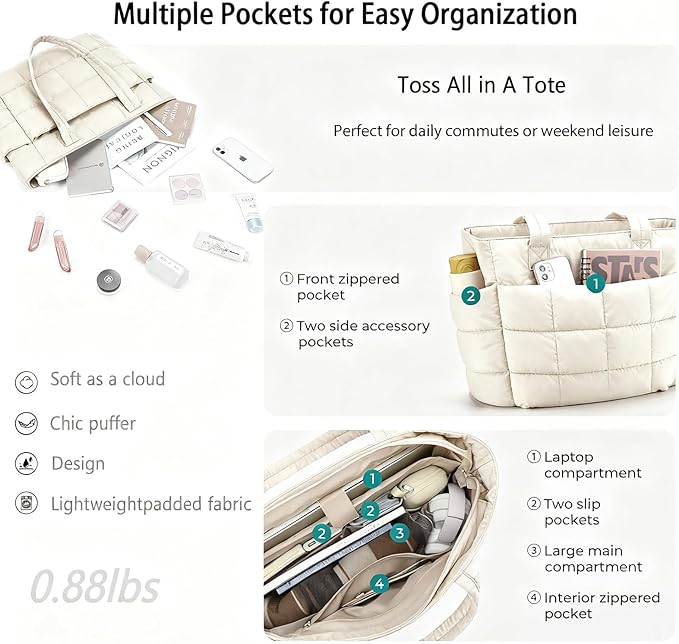 Expandable Tote Bag for Women, Lightweight Puffy Tote Bag with Compartments Quilted Shoulder Bag,