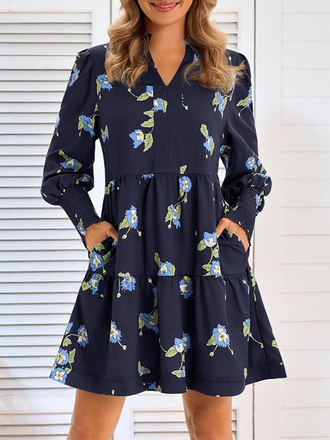 Imily Bela Womens Fall Long Sleeve Tunic Dress Casual V Neck Loose Ruffle Tiered Dress