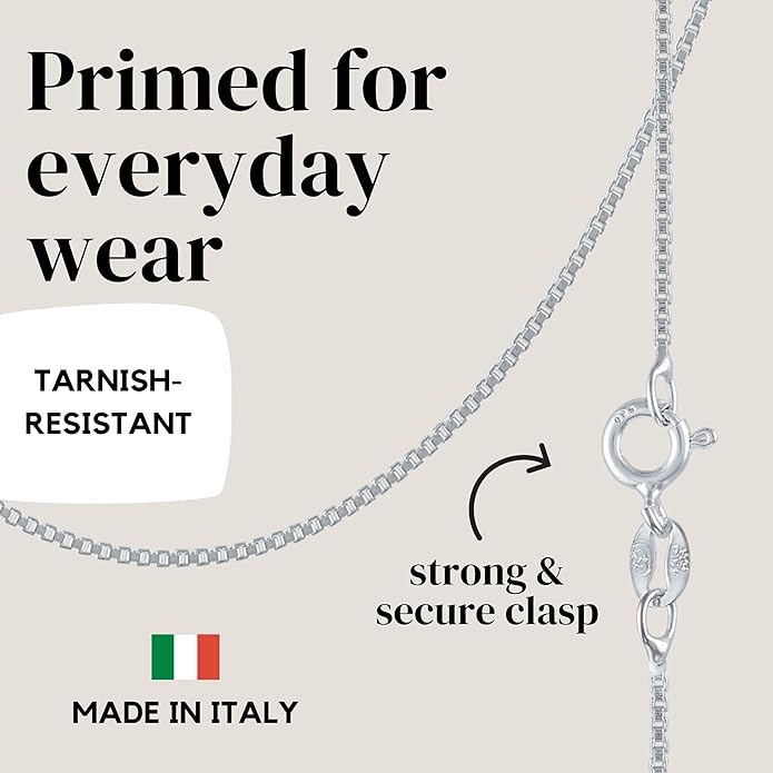 KISPER 925 Solid Sterling Silver 1mm Dainty Thin Box Chain Necklace for Women, Italian Made Tarnish Resistant Waterproof Hypoallergenic, 14 16 18 20 22 24 30 inches