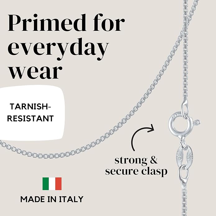 KISPER 925 Solid Sterling Silver 1mm Dainty Thin Box Chain Necklace for Women, Italian Made Tarnish Resistant Waterproof Hypoallergenic, 14 16 18 20 22 24 30 inches