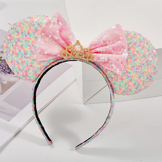 RAZKO Sequin Mouse Ears Headband, Rainbow Iridescent Mice ears Hairband for Women Girls Princess Hair Accessories (Rainbow Crown L)