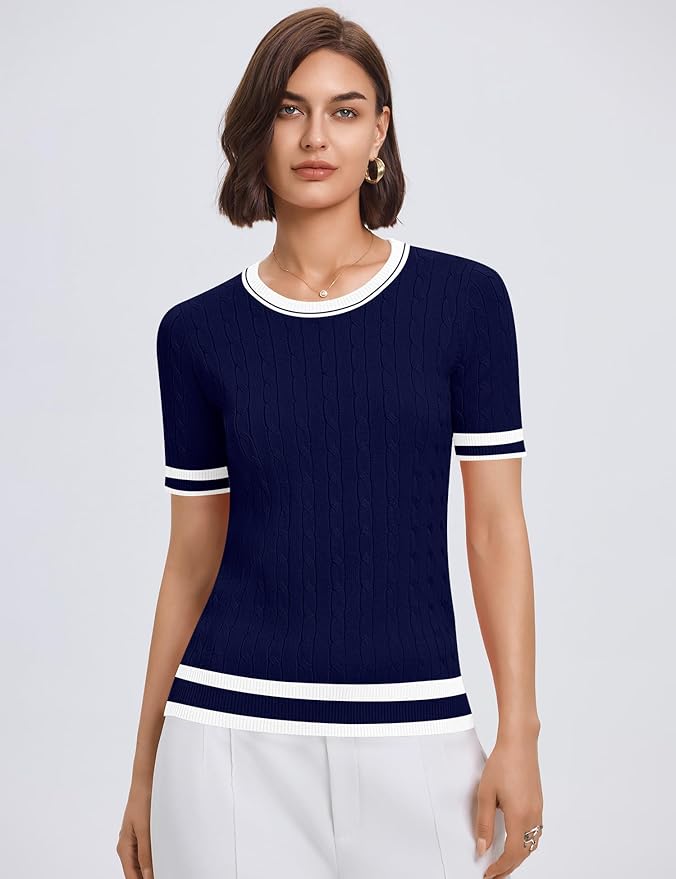 Micoson Womens Short Sleeve Cable Knit Sweater Tops Crewneck Lightweight Spring Summer Shirts Business Dressy Casual Outfits