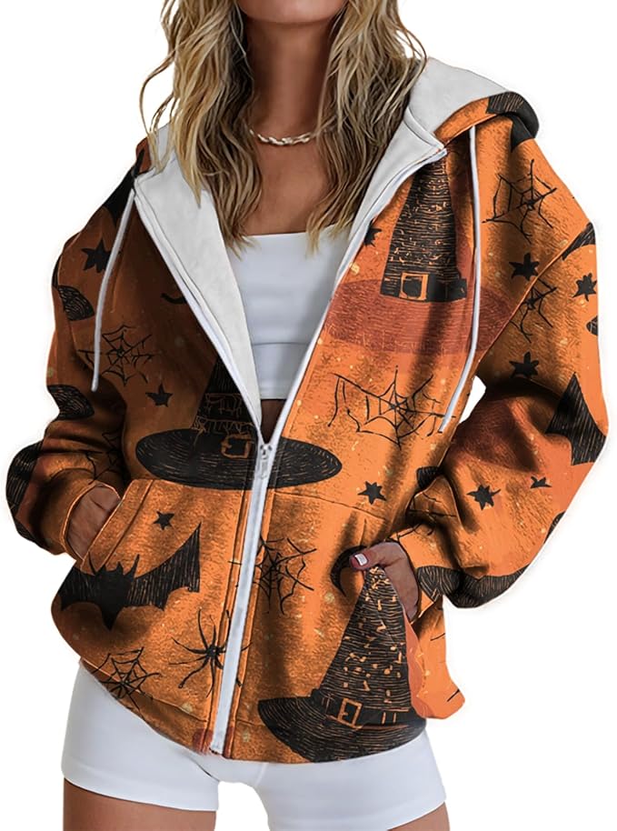 domirica Halloween Hoodie Lightweight Zip Hoodies For Women Fall Casual Vintage Sweatshirt Casual Wear Fashion Outfits