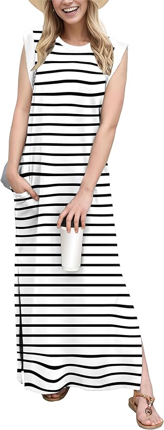 GRECERELLE 2026 Women Year-Round Casual Round Neck Loose Split Wrinkle-Free Long Maxi Vacation Dress with Pockets (XXS-4XL)