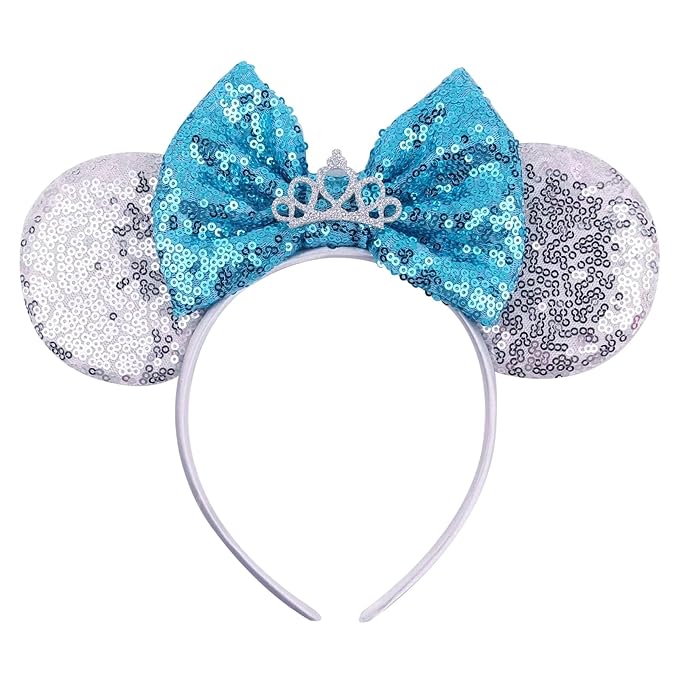 RAZKO Sequin Mouse Ears Headband, Cinderella Silver Blue Mice Ears Hairband Princess Headband for Women Girls Hair Accessories (Silver-Crown)