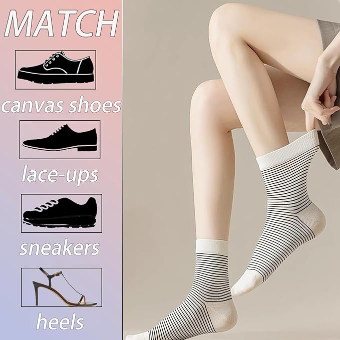 CHUNFO Womens Striped Colorful Ribbed Ankle Socks Cute Dot Athlete Crew Cotton Casual Sock Size5-10.5