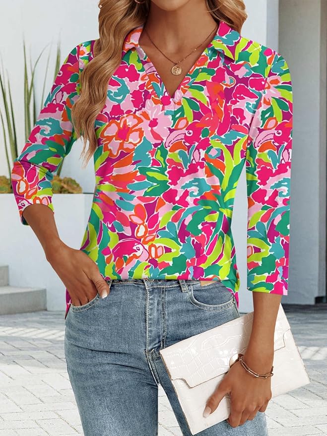 3/4 Length Sleeve Womens Tops Dressy Casual V Neck Polo Shirts Business Work Blouses 2025 Trendy Tunic Top