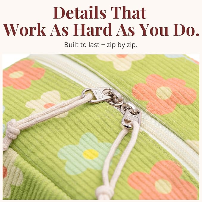 Insulated Floral Green Lunch Bag for Women, Corduroy Tote with Aluminum Lining, Large Capacity Reusable Cooler for Work, Travel, Beach or Picnic, Floral Pattern Water-Resistant Lunch Box