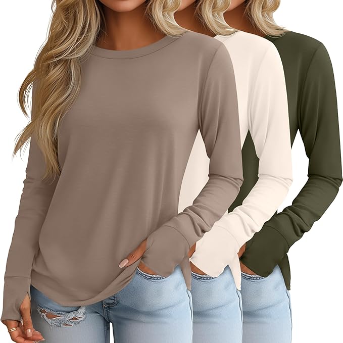 Huukeay 3 Pack Women's Long Sleeve Shirts with Thumb Holes, Cotton Casual Crew Neck Tunic Tops Fall Loose Y2k Trendy Outfits