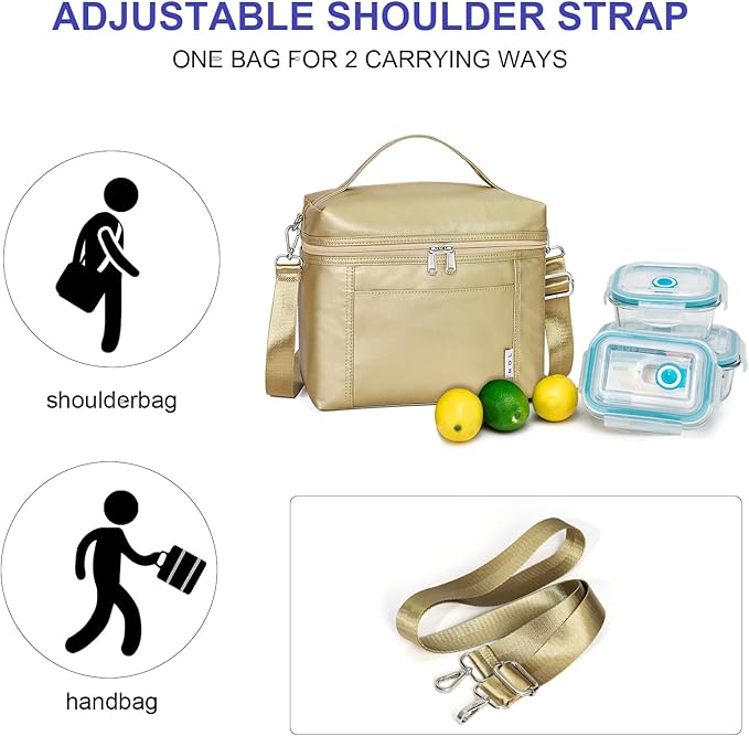 NOL Natural Organic Lifestyle Insulated Lunch Bags for Women Cooler Bag Lightweight Nylon Waterproof Lunch Box For Work (Gold, Medium(normal))