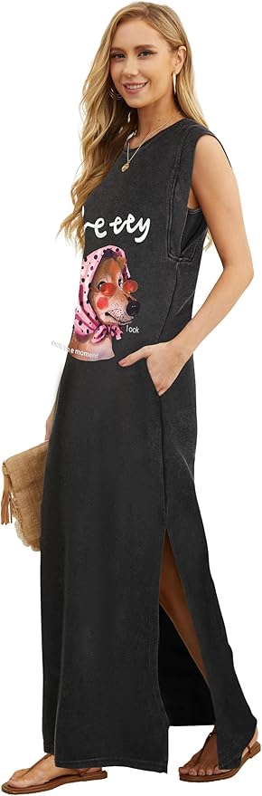 GRECERELLE 2026 Women Year-Round Casual Round Neck Loose Split Wrinkle-Free Long Maxi Vacation Dress with Pockets (XXS-4XL)