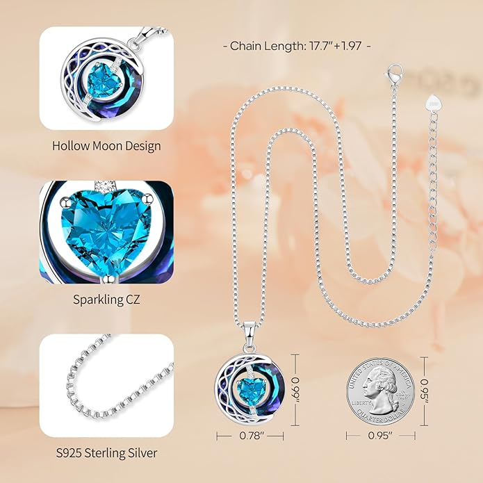 LIANYU Necklace for Womens Blue Sapphire Necklace Moon Pendant S925 Sterling Silver Crystal Jewelry for Women Pendant Birthday Gifts for Wife Gifts Valentine Anniversary