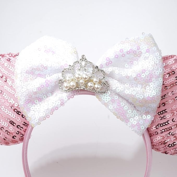 Foeran Mouse Ears Headbands Shiny Bows Mouse Ears Glitter Party Princess Decoration Cosplay Costume for Girls Women (pearl crown pink)