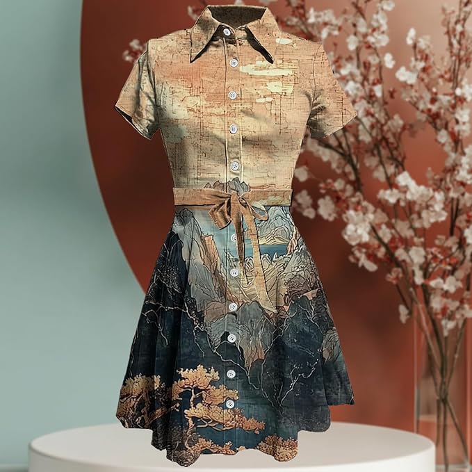 MARSVOVO Japanese Art Shirt Dresses for Women Short Sleeve Ruffle Button Down Tie Waist Trendy Elegant Midi Dress