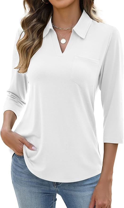 AKEWEI Womens 3/4 Length Sleeve Tops V Neck Casual Basic Tees Work Polo Shirts Collared Summer Top with Front Pocket