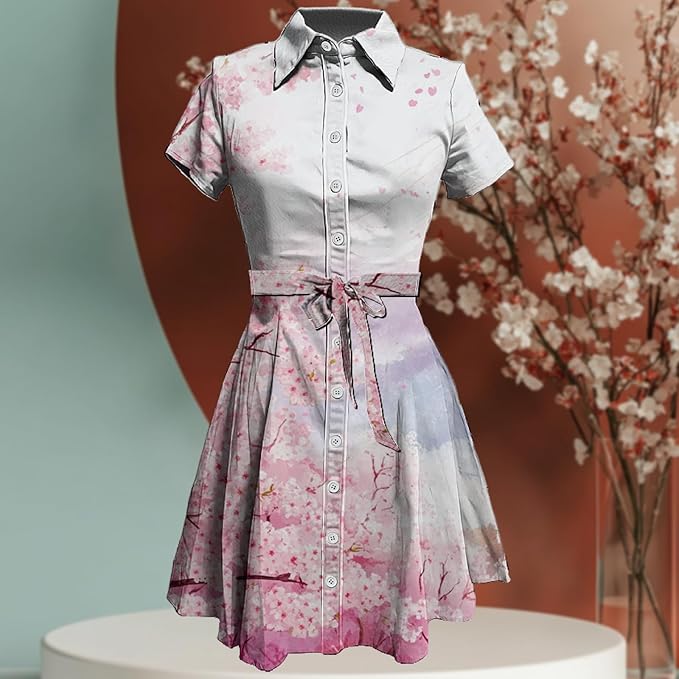 MARSVOVO Cute T Shirt Dress for Women Short Sleeve Button Up Tie Waist Elegant Casual Collared Smocked Midi Dress