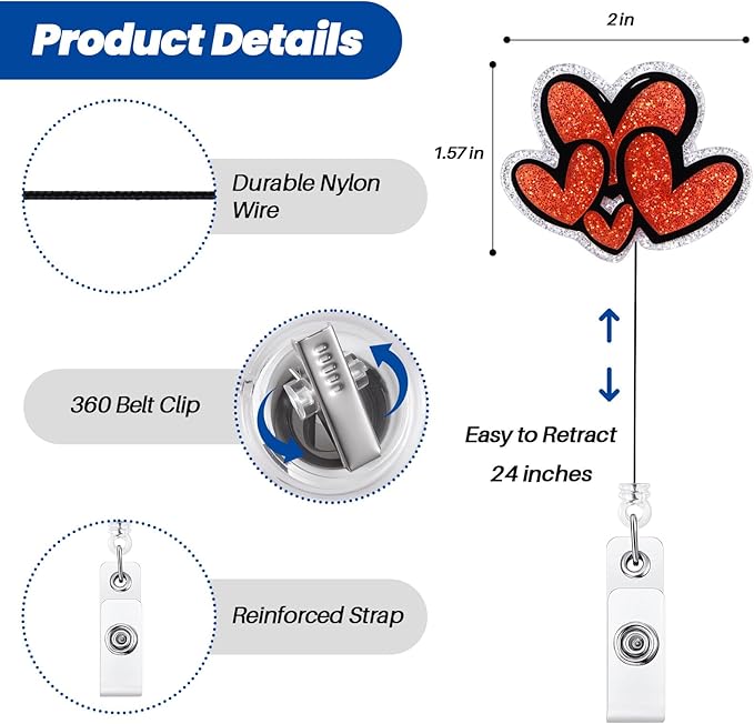Cute Heart Badge Reel, Retractable ID Card Badge Holder, Name Tag Work Badge Clip for NICU RN LPN CNA MA ER Night Shift Nurse Nursing Student Doctor Teacher, Nurse Gifts