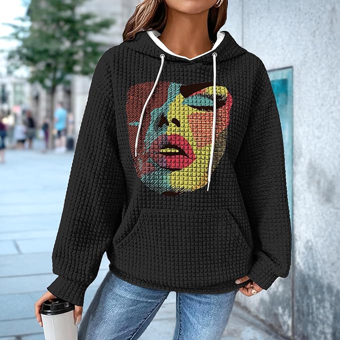 domirica Black Pullover Sweatshirts For Women Trendy Long Sleeve Waffle Sweatshirt With Hood Comfy Fall Clothing Qutfits