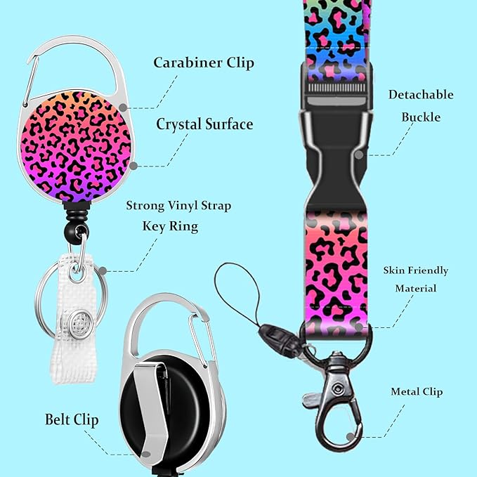 ID Badge Holder with Lanyard, Pink Leopard Print Lanyards for Id Badges, Retractable ID Badge Holder with Detachable Lanyard, Badge Reel Heavy Duty with Carabiner Clip, Nurse Teacher Office
