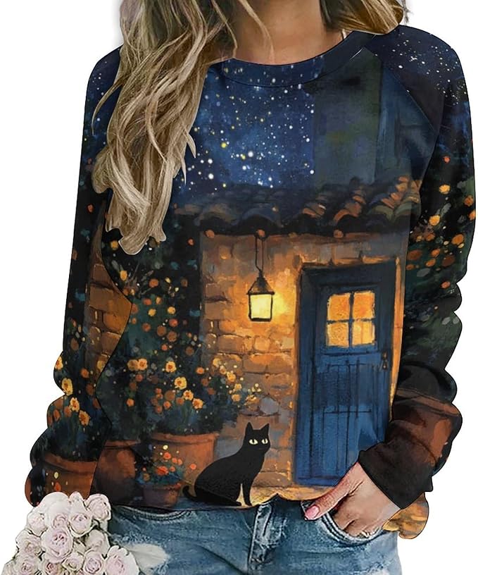 Spatofa Womens novelty funny cat printed crewneck sweatshirt casual loose long sleeve graphic pullover sweatshirts tops