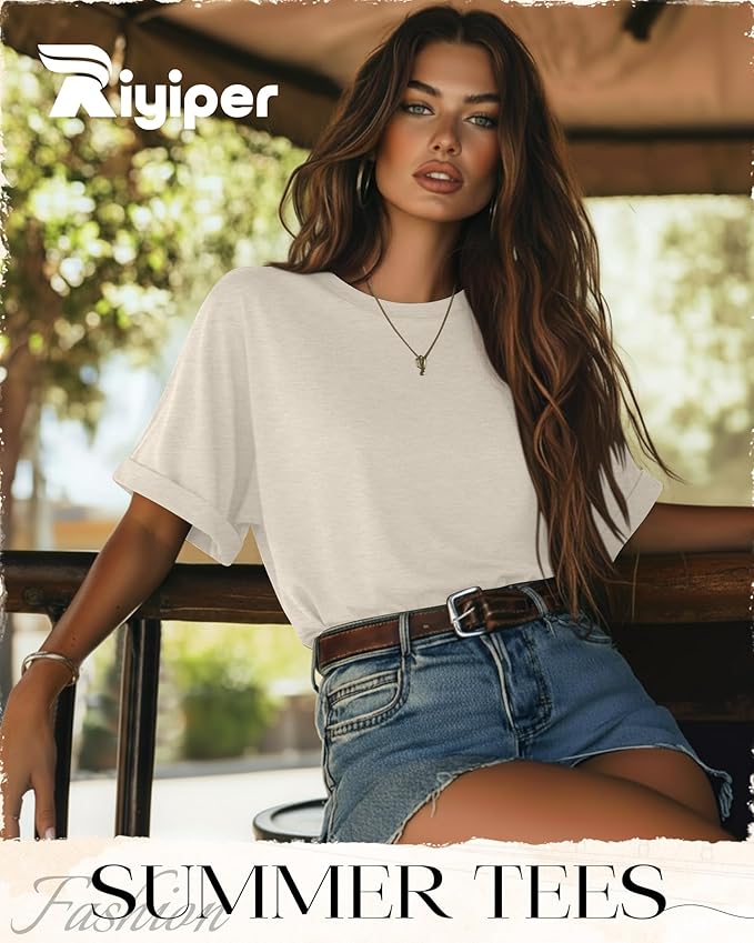 Riyiper 3 Pack Women's Oversized T-Shirt Half Sleeve Summer Tees Casual Loose Fit Crew Neck Basic Tops